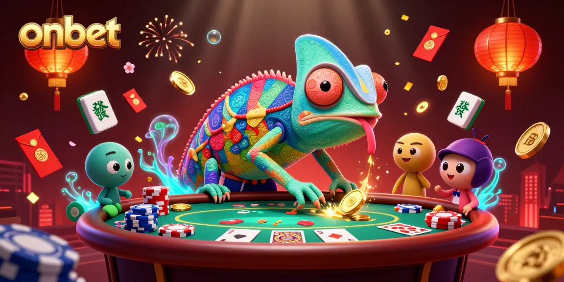 Engage with the excitement of onbet's colorful casino scene featuring a watching chameleon and dynamic game elements.